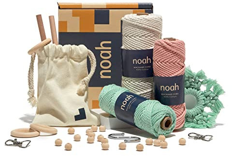 noah Macrame Kit - Includes Cotton Macrame Cord, Accessories, Wooden Poles and Instructions - Craft Kit (Pastel Colours)