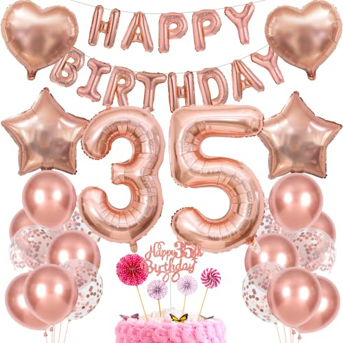 Deko 35. Geburtstag Frau - Tortendeko Rosegold für Frauen - Geschenk mit Ballon für 35 Jahre