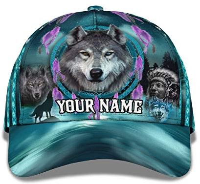 831 Herren Damen Baseball Cap Baumwolle Angeln Hüte Leicht Distressed Basecap Für Angeln Kletter Golf 3D Indianer Mit Wolfs Und Dreamcatcher Custom Name