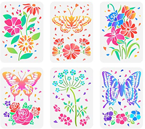 FINGERINSPIRE 6 Stück Schmetterlinge Schablonen 29.7x21 cm Blumen Schablonen Kits Kunststoff Rose Gänseblümchen Lilie Löwenzahn Tulpe Muster Vorlage DIY Kunst Bastelschablonen Für Heimwand Holzdekor