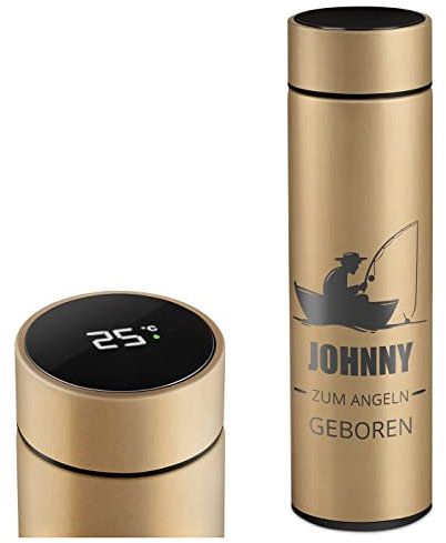Maverton Thermosflasche 450 ml mit Gravur - Kaffeebecher mit LED-Temperaturanzeige - Reisebecher aus Edelstahl 100% dicht - Weihnachtsgeschenke - Thermobecher für Männer - Farbe: Gold - Angler