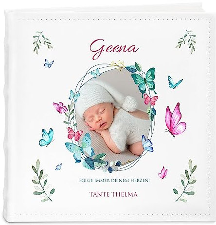 Maverton Einsteckalbum mit Aufdruck - Fotoalbum für 200 Fotos 10x15-50 Seiten - Größe: 21x22cm - Weiß - personalisierte Geschenke für Kind zur Taufe Geburt - Geburtstagsgeschenk