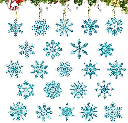 Glitter Schneeflocken Weihnachten Deko 24 Stück Schneeflocken Diamond Painting Schlüsselanhänger Deko Fenster zum Hängen Diamond Painting Anhänger für Feste, Partys, Heimdekorationen