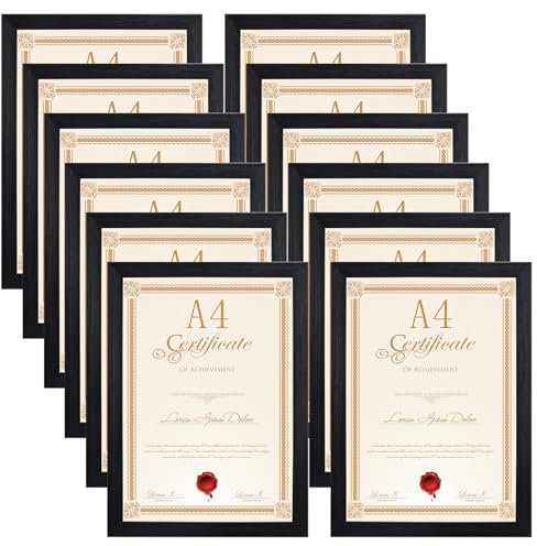 EXYGLO 12er Bilderrahmen A4 Set - Rahmen din A4 für 21x29,7 cm Fotos und Bilder, Schwarze Fotorahmen Collage für Kunstwerke Zertifikate Dokumente - Wand- oder Tischaufsteller