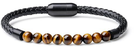 COAI Bracelet Œil de Tigre Cordon en Cuir Noir Fermoir Magnétique Homme L 23cm