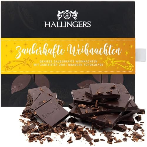 Hallingers Genuss Manufaktur Vegane Schokolade Weihnachts-Geschenk - Tafel aus handgeschöpftem Edelkakao ohne Alkohol edler Karton Zauberhafte Wei... Orange-Chili, Weihnachten für Frauen Männer