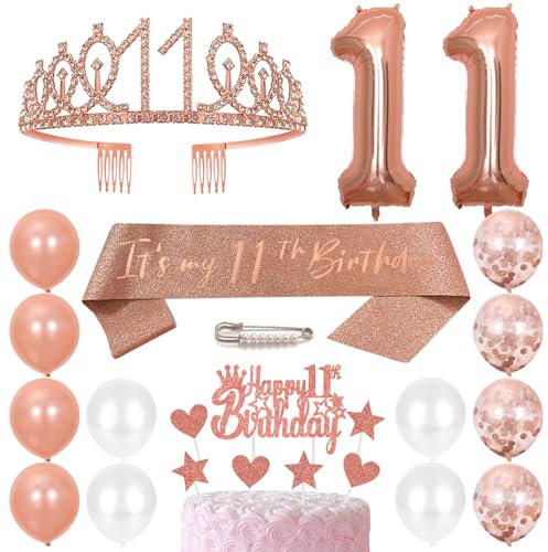 11. Geburtstags Krone Schärpe Mädchen Kristall Queen Tiara Princess Crown 11 Jahre Geburtstag Tortendeko Helium Foil Ballons Roségold Luftballon Zahl 11 Geburtstagsdeko für Mädchen Party Dekorations