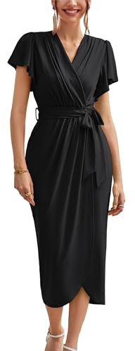 GRACE KARIN Ladies Summer Dresses Short Sleeve V Neck Faux Wrap Dress with Belt Women’s Casual Semi Formal Funeral Dress S Black