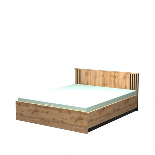 Lit Double Avec Lamelles LAMIA 26, Couchage 160x200, Cadre de Lit Sans Matelas, Avec Rangements, 167,3 x 82,3 x 208,3 cm, Idéal Pour Chambre, Panneau de Meuble Stratifié - Chêne Wotan/Noir Mat