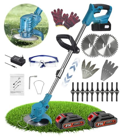 Wrneaoch Decespugliatore a Batteria 21V Decespugliatore con 11.000 RPM e motore da 750W Tagliaerba Elettrico con 2 Batterie da 4,0 Ah (Blue Decespugliatore)