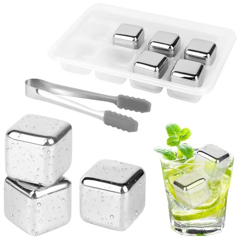 VFANDV 8 Piezas Cubitos Hielo Reutilizable, Cubitos de Hielo Acero Inoxidable, 304 Acero Inoxidable Piedras de Whisky y Pinzas, Whiskey Ice Cube Stone para Cócteles, Whisky, Vino, Puré de Frutas