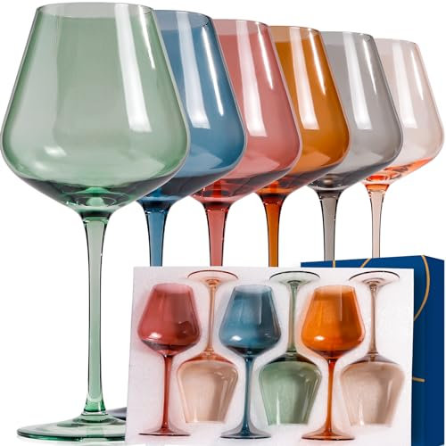 CLUSIVC Juego de 6 copas de vino de colores, sopladas a mano, 18 onzas, color burdeos, sin plomo, no se decolora, colorido juego de copas de vino para fiesta