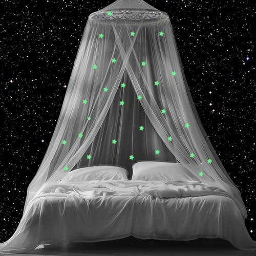 Moskitonetze Bett,Moskitonetz Doppelbett Einzelbett,Mückennetz Bett Faltbar,Betthimmel Insektenschutz für Reise,Hause,Babybett mit Leuchtende Sterne,Bett Netz 0.6m x 2.5m x 10.5m