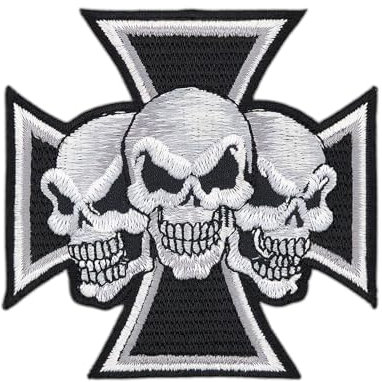 Totenkopf Kreuz Biker Aufnäher zum aufbügeln oder aufnähen Bügelbild Aufbügler für Kleidung gestickter Bügelpatch Applikation MC Kutte Patch Größe 8,5 x 8,5 cm