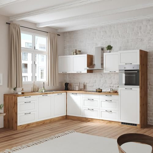 Lomadox Winkelküche Küche Einbauküche Küchenzeile L-Form 300/240 cm mit E-Geräten in weiß und Eiche, Arbeitsplatte in Eiche, inkl. Dunstabzugshaube, Induktionskochfeld, Backofen, Geschirrspüler