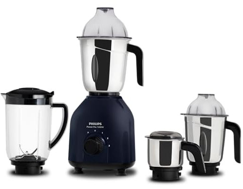 Philips HL7714/01 Mixer Grinder, 1000W PowerPro Motor, 4 Jars (Azure Blue), Edged blade made of superior SS304 material, Quick cool ventilation for longer motor life