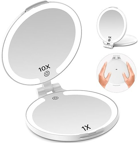 Famihomii Rechargeable Maquillage Miroir Grossissant Lumineux, Miroir de Cosmétique Portable Voyage Gradation 3 Couleurs, Compact Miroir Coiffeuse Eclairage pour Filles