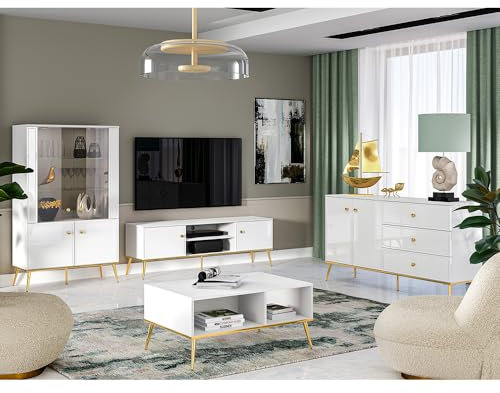 Lomadox Wohnzimmer Möbel Set Wohnwand Hochglanz weiß 4-teilig modern, 1 Highboard, 1 Lowboard, 1 Sideboard, 1 Couchtisch mit goldfarbenen Akzenten