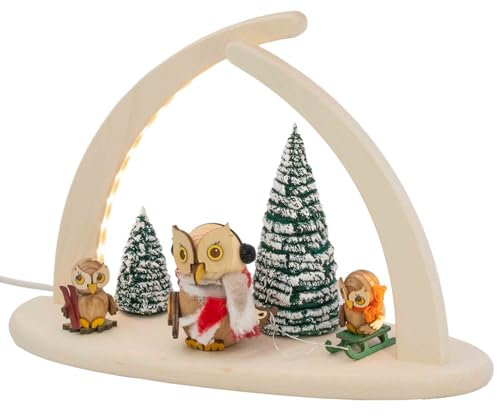 Seiffener Volkskunst | Fensterbeleuchtung Weihnachtsbeleuchtung | LED Spitzbogen Weihnachtsbogen Schwibbogen Lichterbogen | Weihnachtsdeko aus dem Erzgebirge | 29x21 cm | Eulenfamilie Wintersport