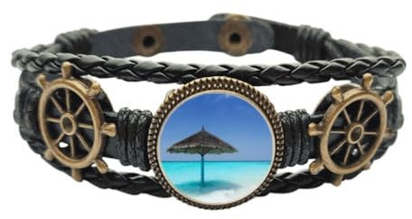 Ocean Beach Armband mit grünem Baum, Art-Deco, modisches Leder, geflochten, M, Metall