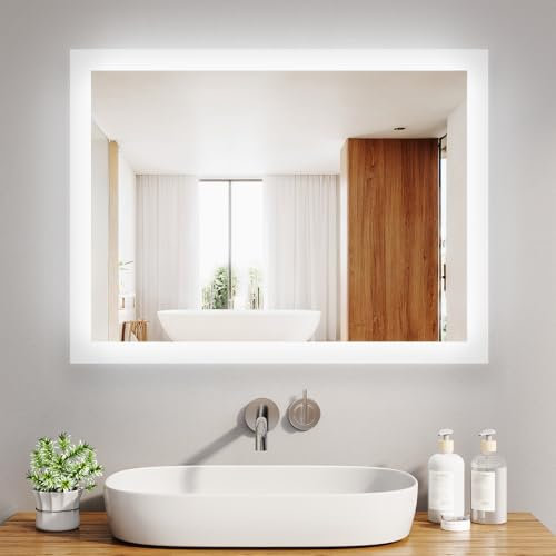 LOMIKEN Badspiegel Mit Beleuchtung - 80x60x3.5cm LED Spiegel Bad, 6400K Kaltweiß, Aluminiumrahmen, Explosionsgeschütztes Glas, 40 MM Kanten Aus Mattiertem Glas, IP44 Energiesparend