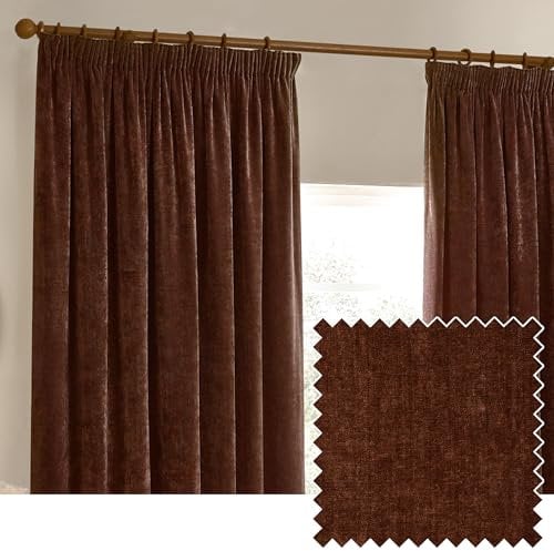 furn. Yard Heavy Chenille Pencil Pleat Curtain Pair – Lined Room Darkening Soft Velvet Curtains (Nutmeg - Width 229 x Drop 229cm)