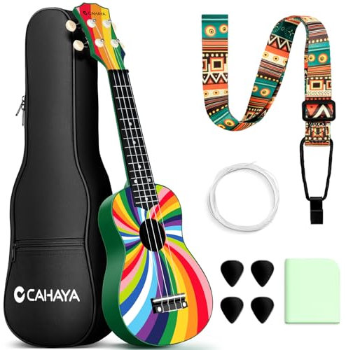 CAHAYA Sopran-Ukulele mit Gigbag für Erwachsener Enthusiast: Linde Material Ukulele mit Geared-Machine, Gurt, Noten, Saiten, Reinigungstuch, 4 Plektren - 21 Zoll Regenbogen