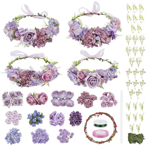 INFUNLY 4 Sets Purple DIY Flower Crowns Kit Handmade Floral Wreath Headbands Kit Adjustable Rose Leaf Crown Making Kit Purple Theme Flower Headband and Bracelets Kit for Women Gifts Bridal Wedding
