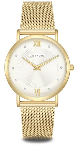 Eastside Damen Uhr Metall-Legierung gelbgold Quarzwerk 3 ATM | Edelstahl Armband, gelbgold, Milanaise, Zifferblatt weiß, Mineralglas, Armbanduhr, Fashion-Uhr
