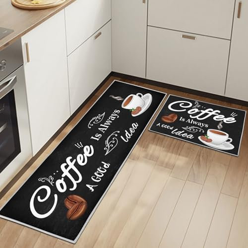 HSGLGNA Lot de 2 tapis de cuisine anti-fatigue, pour décoration de la maison et du bureau, imperméables, antidérapants, confortables (café, 40 x 120 cm, rectangulaire)