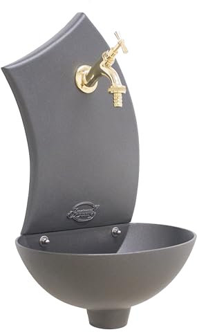 FONDERIE BONGIOVANNI | Fontaine de jardin | Fontaine murale | Modèle Pinta | Couleur anthracite fonte | avec ou sans robinet | pour maison jardin | Fontanelle d'extérieur (robinet laiton brillant)