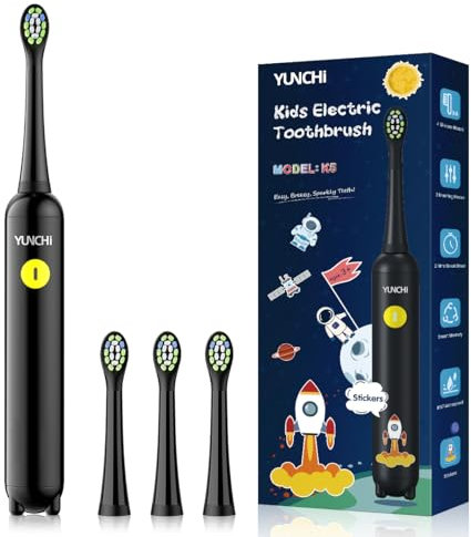 Brosse à Dent Électrique Enfant de 3-5-6-12 ans, Rechargeable Brosse a Dent Electrique Enfant avec Minuteur et 3 Modes, Étanche IPX7, 4 Têtes Douces, Autocollants DIY Drôles pour Filles Garçons(Noir)