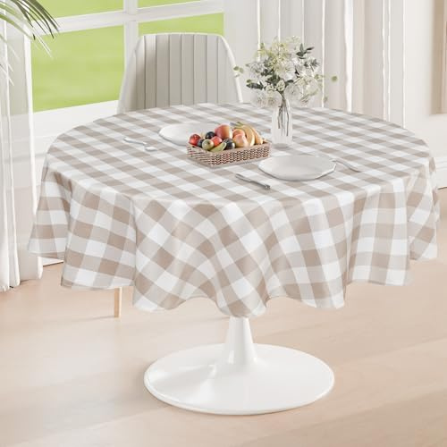 DWCN Beige Nappe Ronde à Carreaux Tissu, 140cm Rond, Lavable Anti-Taches Imperméable pour l'extérieur Pique-Nique Salle à Manger Jardin Fête Mariage, Beige et Blanc