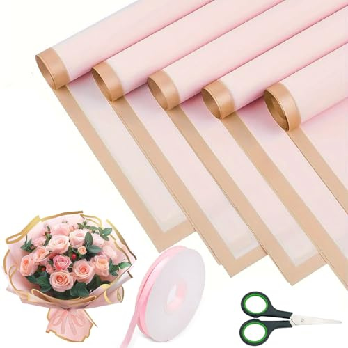Blumenstrauß Geschenkpapier, 20 Blatt Dekoration Geschenkpapier mit 1 Rolle 40m Band und 1 Schere, Wasserdicht Floristenverpackungspapier für Geschenkverpackungen Blumen Kunst Handwerk(Rosa, 58x58cm)