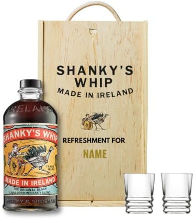 Personalised Shanky's Whip Irish Whiskey Liqueur Gift Set with Shot Glasses – Alcohol Present for Men or Women – 70cl Bottle (33% ABV) in Engraved Wooden Box – Liqueur Gift for Him or Her