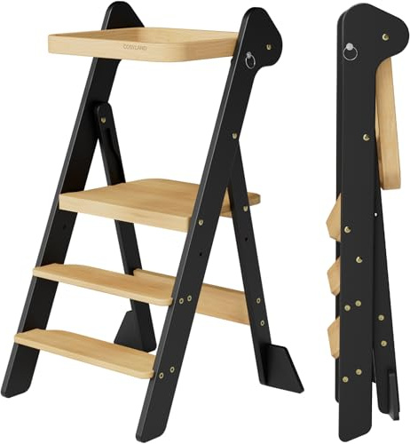 COSYLAND Lernturm Faltbar Montessori Learning Tower Holz, Schwarz/Natur | Faltbarer Tritthocker mit doppelten Stützfüßen & Sicherheitsnetz. 2-fach höhenverstellbar für Küche & Bad, 18M-6Y.