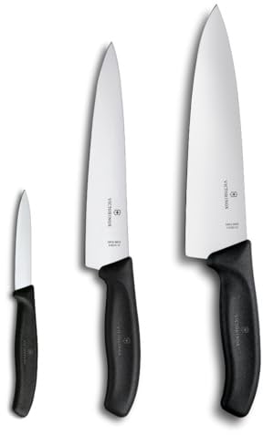 Victorinox Set di Coltelli da Cucina Professionali Swiss Classic, 3 pezzi, incl. Coltelli per Verdure, da Cucina e Chef, Multiuso, Lame Dritte, 8-20 cm, Nero