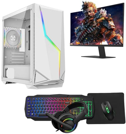 Galaxy Gaming PC Bundle – Intel Core i7, GT710 2GB Graphics, 16GB RAM, 1TB HDD + 128GB SSD, 22 Monitor, Keyboard, Mouse, Headset, Windows 11, WiFi – Gaming PC for Daily Use (White)
