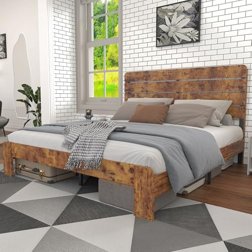 Holzdoppelbett,Doppelbett,Antikes Bettgestell aus Holz mit Eisenlattenrost und hohem Kopfteil, stabiler Eisenrohrrahmen, Massivholzbett für Erwachsene, Kinder & Jugendliche (Brown, 180*200cm)