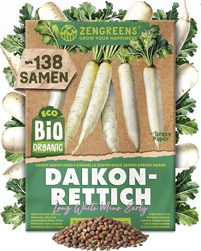 ZenGreens® - Bio Daikon-Rettich Samen (Long White Mino Early) - Daikon-Rettichsamen - Gemüsesamen für den einfachen Anbau im Garten, Balkon oder Hochbeet - Saatgut - Weißer Winterrettich