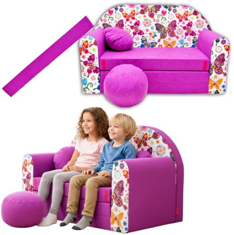 TUPPI Kindersofa mit Schlaffunktion 168x98 cm - Kindersofa Ausklappbar | Kinder Sofa für Kinderzimmer - Samtweicher Velours - 4-teilig inkl. Kissen & Puff