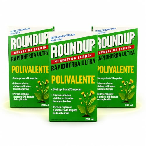 PACK x3 ROUNDUP Herbicida Total para Eliminar Todo Tipo de Malas Hierbas | Efectos Visibles en sólo 2 Horas | 250 ML para diluir en 5L Agua | Elimina hasta 70 de Hierbas/Musgo | Nexum Market