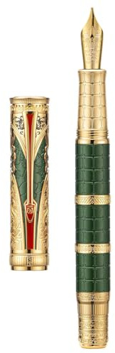 Hongdian D5X Stylo-plume vert à pointe moyenne, dynastie Qin rétro chinois, gravure totem chinoise, stylo d'écriture lisse, convertisseur et coffret