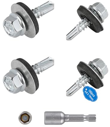 SUPAWAY Confezione da 100 Viti autoperforanti per metallo Ø4,8x19 mm Testa a rondella esagonale verniciata Viti autoperforanti verniciate con rondelle in EPDM e chiave a bussola M8 (Argenteo)
