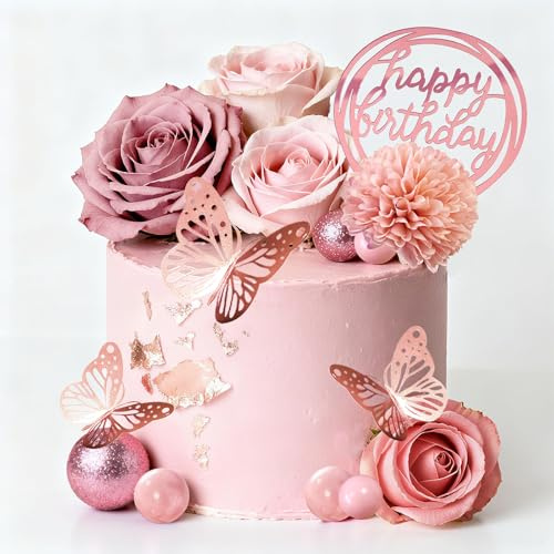 Glamoreal Flower Cake Toppers, Happy Birthday Rose Gold Cake Decorations with Artificial Flowers Butterfly Balls for Wedding Baby Shower Birthday Party Supplies