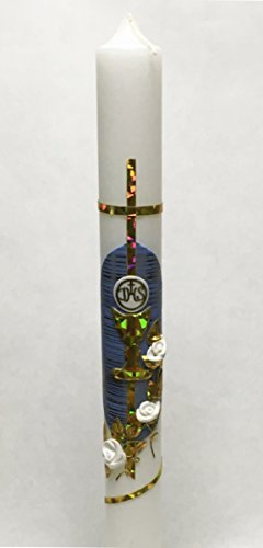 Taufkerze Kommunionkerze K-5 Gold/Blau inkl. Tropfschutz und Beschriftung KW-JO-K05