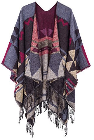 Urban GoCo Damen Poncho Stola Bohe Quaste Schal (#2 weinrot)