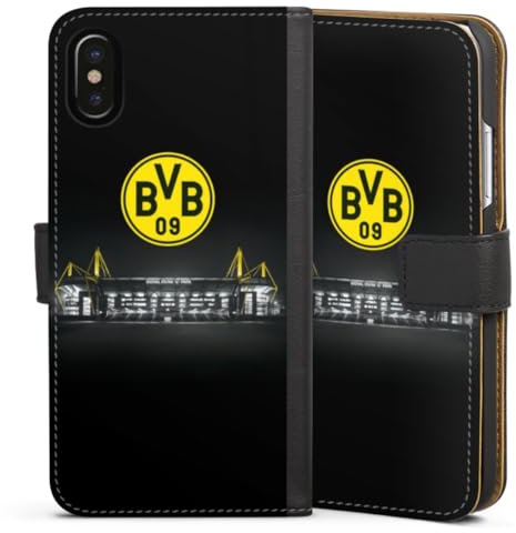 Klapphülle kompatibel mit Apple iPhone X Handyhülle aus Kunst Leder schwarz Flip Case BVB Stadion Borussia Dortmund