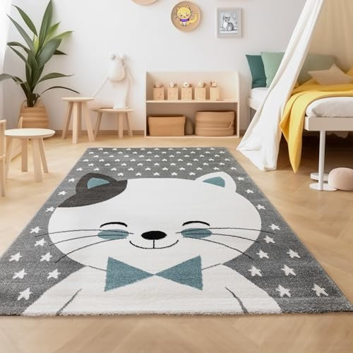 SIMPEX Teppich Rund Kinderzimmer Katze Design Kurzflor Kinderteppich mädchen Spielteppich Modern Design Babyzimmer Teppiche für Junge und Mädchen Weich Blau 120 cm Rund