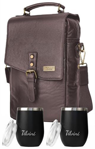 Tilvini Isolierte Weintasche aus echtem Leder mit 2 Edelstahl-Weingläsern Leder Weintasche für 2 Flaschen Wein Reisetasche Luxus Weintasche Picknicktasche Strand Kühltasche Weingeschenk für Männer